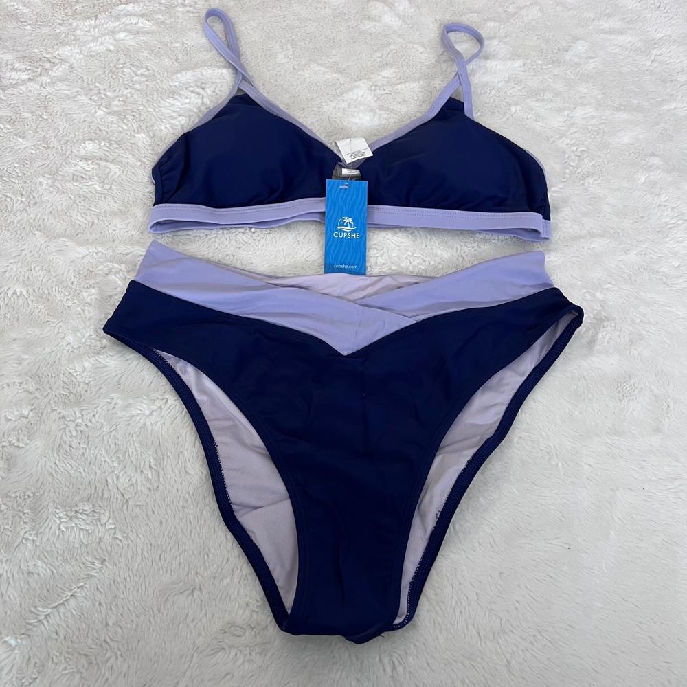 Cupshe Navy and Lavender Two-Tone V-Waist Bikini NWT